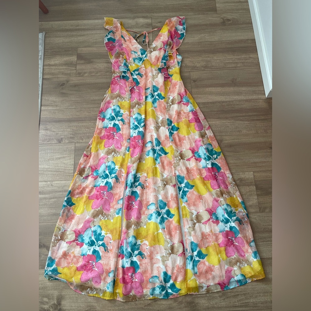 Cato Women’s Colorful Floral Maxi Dress with Ruffle Details Sleeveless Size L